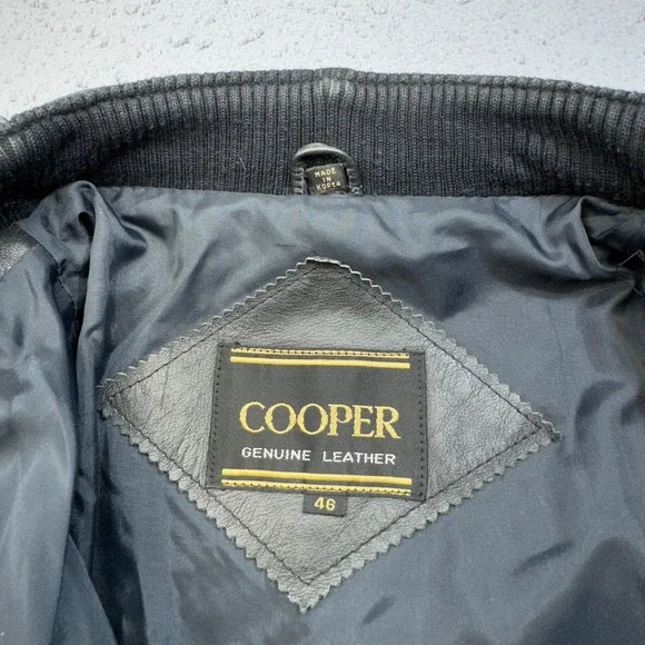 Vintage Cooper Leather Jacket Mens 46 Black Bomber Flight Epaulets Band Hand 80s